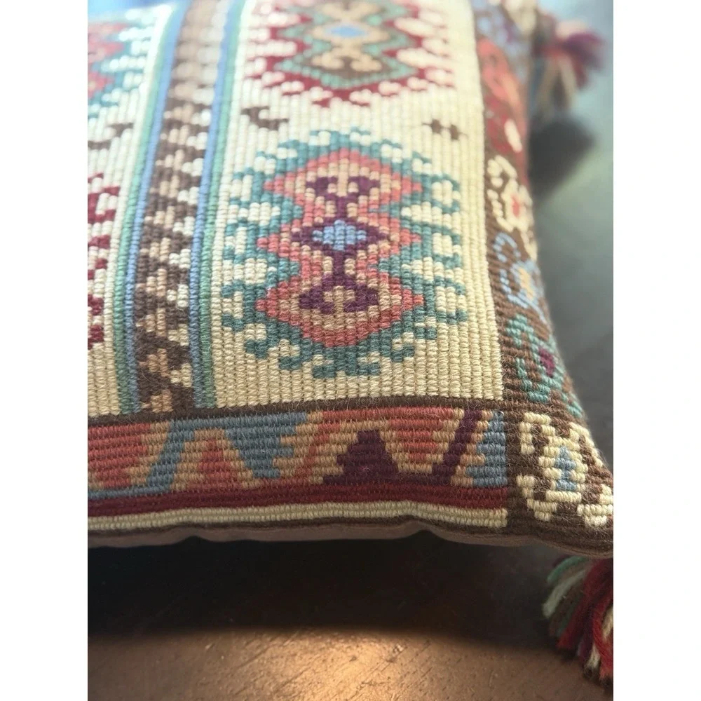 Exquisite Handmade Vintage Turkish Kilim Style Rug Pillow 12x12, Tassels Charms